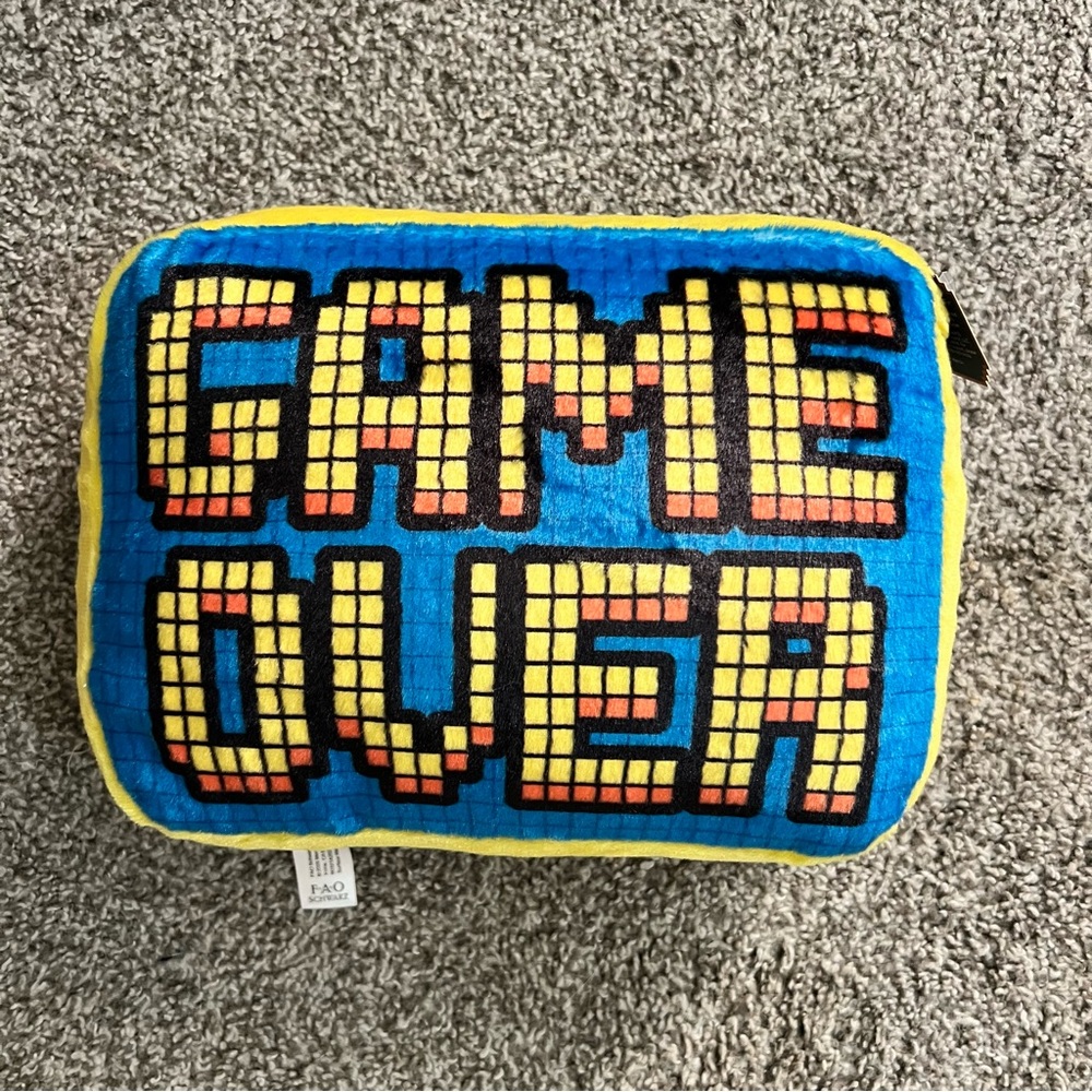 FAO Schwarz Blue, Yellow & Orange Pixel  'Game Over' Pillow Plush Toy